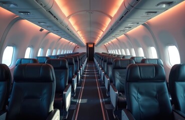 Inside view of airplane cabin with rows of blue seats, ambient lighting. Modern aircraft interior with comfortable seating, windows. Empty passenger seats in economy class with aisle, overhead bins.