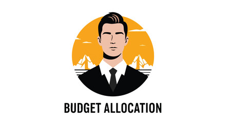 A stylized illustration depicts a professional man with a minimalist design, set against a backdrop of a rising sun and mountains, representing budget allocation and financial planning.