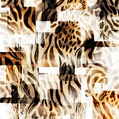 Naklejka premium Watercolor square artistic pattern with animal texture. leopard skin, zebra texture, tiger fur.