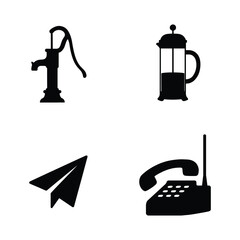 Four black silhouette icons of a water pump French press paper airplane and vintage phone