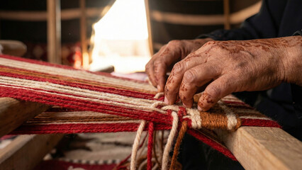 Close-up of elderly Bedouin artisan hands with henna weaving traditional red Sadu wool textile on wooden loom