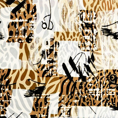 Naklejka premium Watercolor square artistic pattern with animal texture. leopard skin, zebra texture, tiger fur.