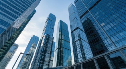 Fototapeta premium Skyscrapers reach for the sky in a modern urban landscape, reflecting light