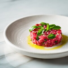 Exquisite Beef Tartare with Fresh Basil, Olive Oil, and Elegant White Plate.