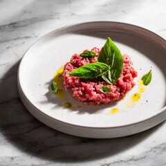 Exquisite Beef Tartare with Fresh Basil on Elegant White Plate, Gourmet Cuisine.