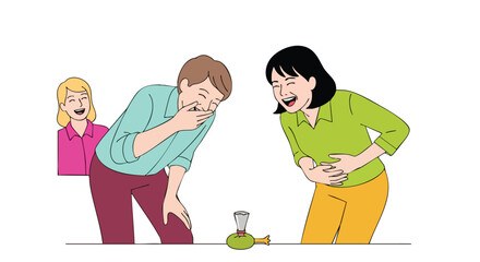 A group of people, including a man and woman, are laughing hysterically while looking at a small green object, conveying joy and amusement in a lighthearted cartoon illustration.