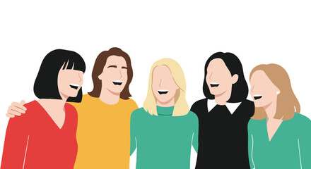 A diverse group of five women stand together, laughing and embracing in a colorful, vector illustration, representing friendship and camaraderie with a clean, modern aesthetic.