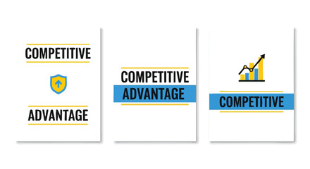 Three distinct graphic illustrations showcasing the concepts of competitive advantage, business growth, and market strategies on a clean white background, suitable for business presentations.