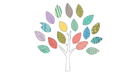 A whimsical illustration features a stylized tree with colorful, patterned leaves, set against a clean white background, perfect for design and decorative projects.