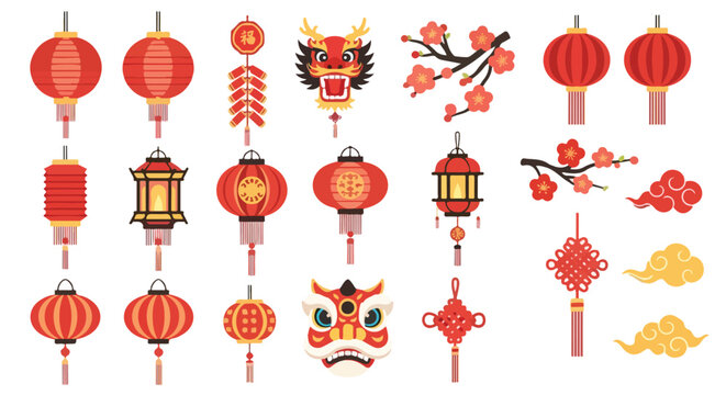Collection of festive Chinese lantern illustrations and elements for celebrating the Lunar New Year and cultural festivities
