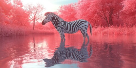 Naklejka premium A zebra gracefully stands in a tranquil pond, with vibrant red trees creating a striking backdrop. The scene evokes a sense of serenity and natural beauty.