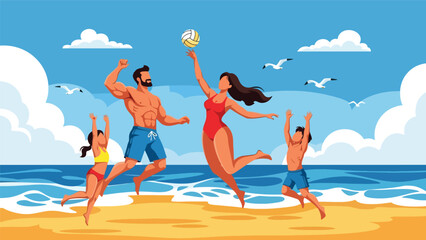 Family playing volleyball together on a sunny beach. Ideal for outdoor fun, summer vacation lifestyle, and playful family recreation visuals