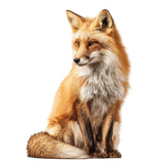 Obraz premium Sitting red fox with a bushy tail in a neutral background during the daytime