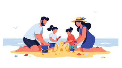 Family building a sandcastle together on the beach during a summer holiday. Ideal for playful family bonding, outdoor activities, and travel visuals