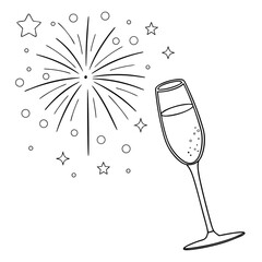 A festive black and white illustration of a champagne glass with bubbles next to a bursting firework display and stars