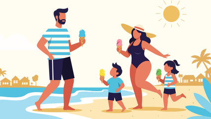 Family enjoying ice cream cones outdoors during a warm summer day. Ideal for seasonal treats, lifestyle moments, and family holiday joy