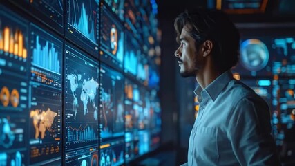 Data Analyst Examining Global Data on Multiple Screens - Powered by Adobe