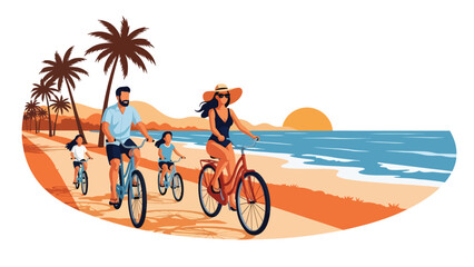 Family riding bicycles along a coastal path during a summer trip. Ideal for outdoor activities, travel, healthy lifestyle, and adventure scenes