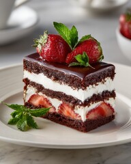 Exquisite Chocolate Strawberry Cake Slice with Fresh Berries and Mint Garnish.
