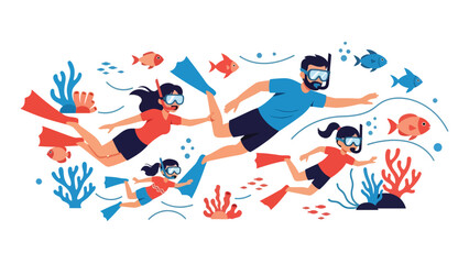 Family snorkeling underwater during a summer vacation. Ideal for marine wildlife experiences, adventure, and tropical travel illustrations