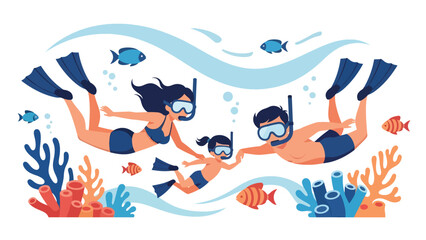 Family snorkeling underwater during a summer vacation. Ideal for marine wildlife experiences, adventure, and tropical travel illustrations