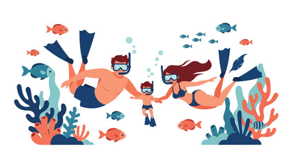 Family snorkeling underwater during a summer vacation. Ideal for marine wildlife experiences, adventure, and tropical travel illustrations