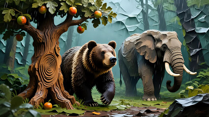 Naklejka premium Brown bear and elephant in Forest 