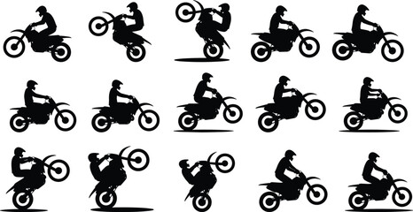 Dirt bike rider silhouettes set, various stunts and riding poses, motocross, freestyle, extreme sport, motorcycle, action, speed, adrenaline, black, vector, illustration, graphic, dynamic.