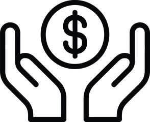 Hands holding dollar coin line icon depicting money and finance