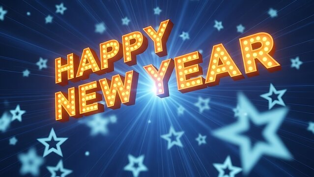 Happy new year glowing text with bright lights and stars on blue background