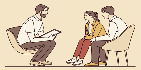 Couple in therapy session seeking relationship advice with professional counselor, fostering communication and understanding for happy marriage, originally vector