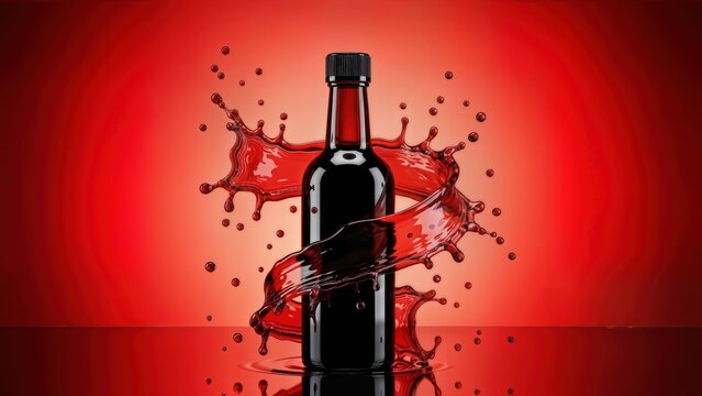 Dark bottle with dynamic red liquid splash, creating an energetic and captivating visual against a vibrant red background, ideal for beverage or product promotion