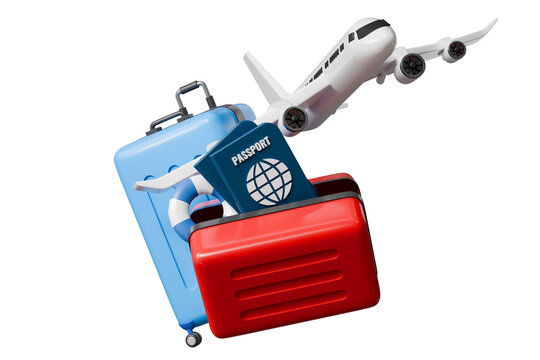 3d airplane with luggage passport and lifebuoy icon. travel insurance concept. minimal cartoon flight tourism vacation for travel banner. isolated on white background. 3d render.