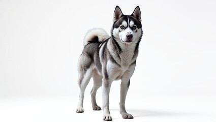 Siberian Husky Dog Full Body White Background Erect Ears Dense Coat Brown Eyes Studio Lighting Sharp Focus Natural Expression Minimalist Backdrop Generative AI