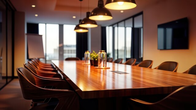 A modern conference room with a long wooden table, comfortable chairs, and stylish pendant lights, creating an atmosphere for business meetings and collaborative discussions
