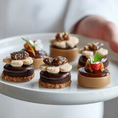 Exquisite Miniature Chocolate Desserts on White Plate, Gourmet Pastry Presentation.