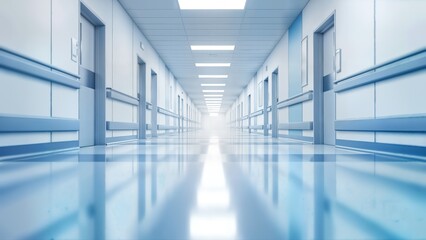 A long, empty, and brightly lit hospital corridor with a shiny blue floor and multiple doors, symbolizing modern healthcare, medical facilities, future, and patient journey