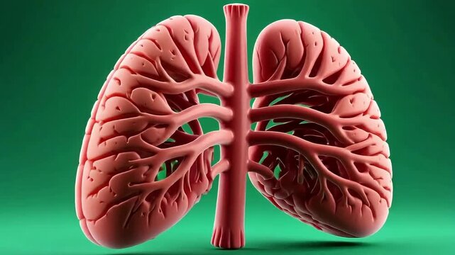 Detailed 3D illustration of human lungs and trachea in a vibrant green background