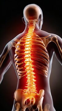 Human Spine Anatomy: An illuminated rendering of the human spinal column, highlighting the intricate structure and bone formation, perfect for medical and educational purposes.