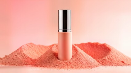 A peachypink cosmetic product tube with a silver cap stands elegantly amidst soft, textured piles of matching powder, creating a harmonious beauty composition on a warm gradient background