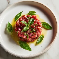 Exquisite Tuna Tartare with Vibrant Basil and Golden Olive Oil, Elegantly Plated on White Ceramic.