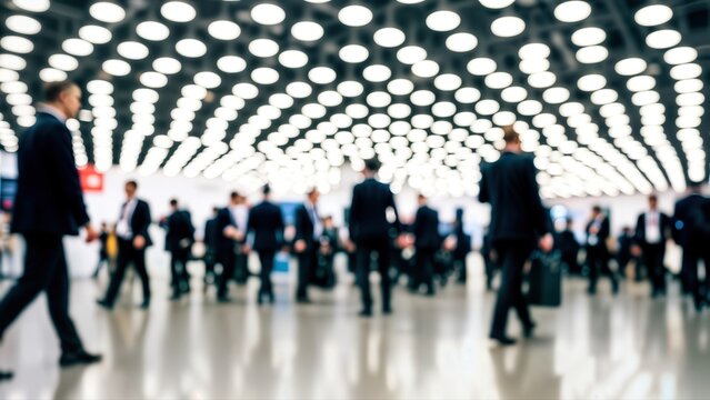 Blurred motion of diverse business professionals walking through a spacious, modern convention hall, capturing the dynamic atmosphere of a corporate event or trade show