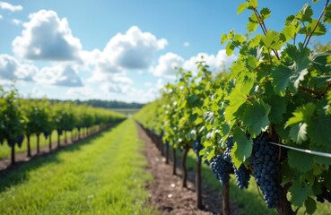 Naklejka premium Rows of grape vines heavy with ripe dark grapes stretch towards horizon under clear blue sky with scattered white clouds. Green leaves, grass contrast with rich purple fruit on woody stems. Vineyard