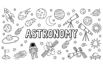 Obraz premium Astronomy doodle art with rockets, planets, telescopes, and stars