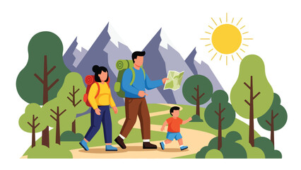 Family hiking together along a summer forest trail. Ideal for adventure lifestyle, travel outdoors, and healthy family recreation themes