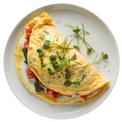 Delicious omelet with vegetables and herbs on white plate isolated on transparent background