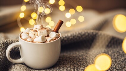 White mug of hot chocolate with marshmallows and cinnamon stick. Steaming cocoa drink on grey knitted blanket with bokeh lights. Cozy winter Christmas background