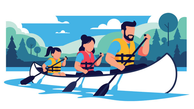 Family enjoying a boat canoe ride during summer holiday travel. Ideal for adventure, outdoor lifestyle, marine tourism, and family bonding themes