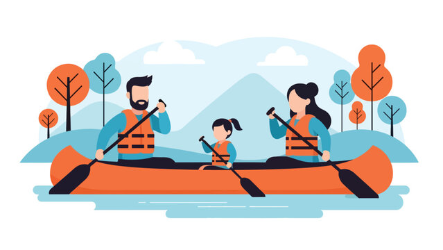 Family enjoying a boat canoe ride during summer holiday travel. Ideal for adventure, outdoor lifestyle, marine tourism, and family bonding themes