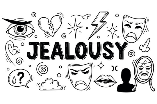 Artistic representation of jealousy with doodle elements and emotions